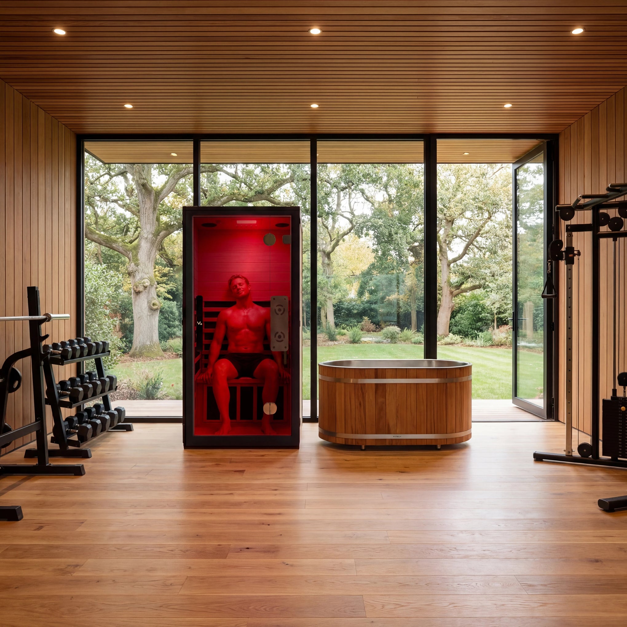 Cedar Solo Red Tub with XEN Infrared Sauna lifestyle image in a modern gym.
